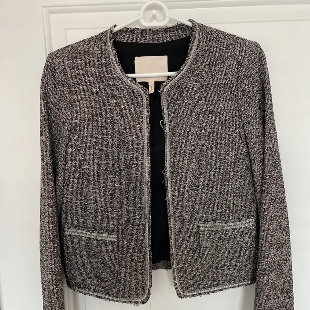 Rebecca Taylor Women's Stretch Tweed Embellished Fringe Blazer Frayed size 4